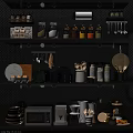 Organized Kitchen Storage Cabinets With Multiple Shelves Jars Plates Pans And Microwave