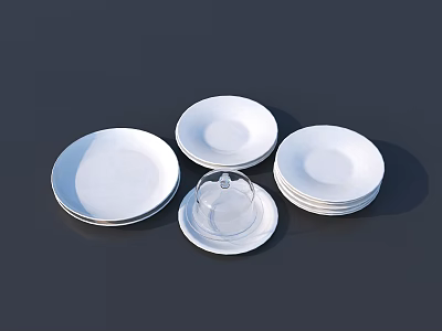 Dining Table With Stacked White Plates And Glass Cloche Cover 3d model