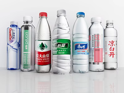 Assorted Bottled Water Brands With Different Types In Clear Plastic Bottles 3d model