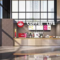 Coffee Shop Interior With Coffee Life Sign Large Windows Tall Buildings Counter Menu And Food