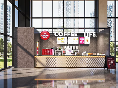 Coffee Shop Interior With Coffee Life Sign Large Windows Tall Buildings Counter Menu And Food 3d model