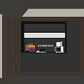 Modern Dark Sideboard With LED Strip Light Coffee Machine Cups And Colorful Boxes Interior