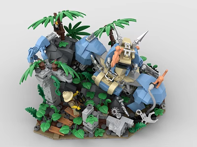 Jungle Dinosaur Building Blocks Set With Rock Scenery Palm Leaves And Ancient Ruins 3d model
