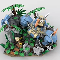 Jungle Dinosaur Building Blocks Set With Rock Scenery Palm Leaves And Ancient Ruins