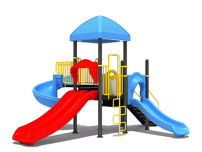 Colorful Playground Equipment With Red Blue Slides Yellow Ladders And Blue Canopy 3d model