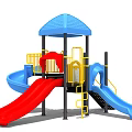 Colorful Playground Equipment With Red Blue Slides Yellow Ladders And Blue Canopy