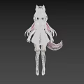 Woman with Cat Ears and Tail in Black Dress Pink Purple Hair Knee High Boots