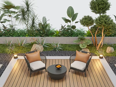 Courtyard Garden Wooden Deck Seating Area With Two Chairs Round Table And Lush Green Plants 3d model