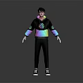 Game Movie Character In Trendy Hoodie With Colorful Design Glasses Hat Black Pants White Sneakers