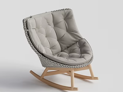 Light Gray Tufted Rocking Chair With Woven Trim And Wooden Legs 3d model