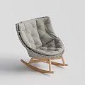 Light Gray Tufted Rocking Chair With Woven Trim And Wooden Legs