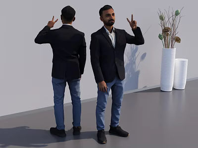Men In Black Blazers White Shirts Blue Jeans Making Peace Sign By Vase With Plants 3d model
