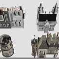 Miniature Architectural Models Featuring Spires Towers Arched Windows And Various Roof Styles