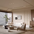 Modern Living Room Interior With Beige Tones White Sofa Round Coffee Table And Accent Chair