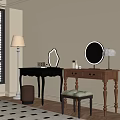 Brown And Black Dressing Tables With Round Mirror Floor Lamp And Upholstered Stool