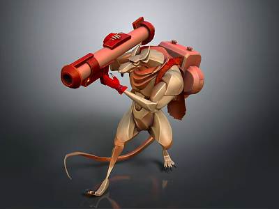 Anthropomorphic Rat Game Movie Character 3D Model With Red Cannon Backpack And Combat Stance 3d model