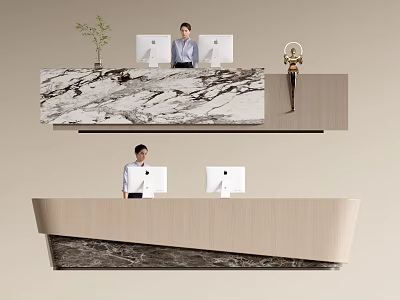 Modern Reception Desk with Marble Countertop and Light Colored Design Featuring Computers and Staff 3d model