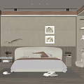 Modern Bedroom Interior With Bed Nightstand Area Rug Decorative Paintings Cozy Chair And Storage Cabinet