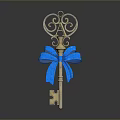 Golden Decorative Key With Blue Bow And Ornate Metal Design