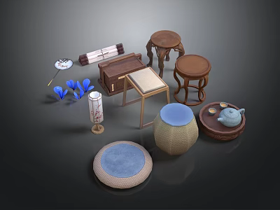 Traditional Wooden Furniture Collection With Round Stools Cushions And Tea Set 3d model