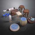 Traditional Wooden Furniture Collection With Round Stools Cushions And Tea Set