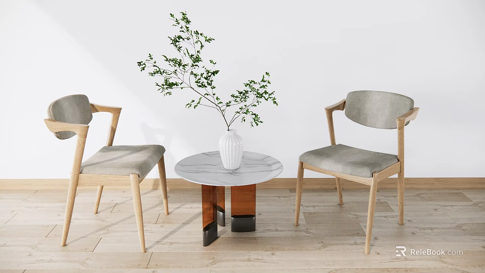 Table And Chair Combination With Wooden Frame Gray Cushion Marble Tabletop White Vase Green Plant White Wall Wooden Floor 3d model 
