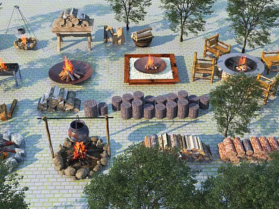 Rustic Garden Decor With Hanging Pot Fire Pits Wooden Chairs Tables And Firewood Stacks 3d model