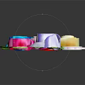 Colorful Decorative Ornament Set with Six Rose Shaped Ornaments Various Colors Green Leaves on White Square Base
