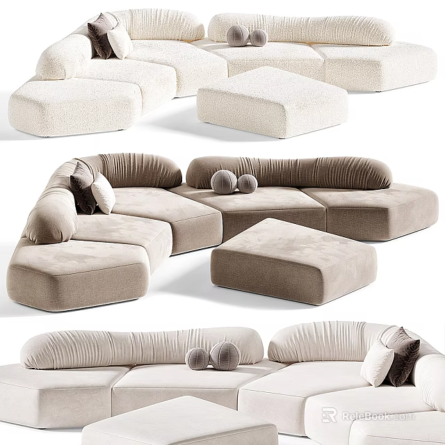 Modern Sectional Sofa With Modular Design Soft Cushions And Beige Velvet Upholstery 3d model 