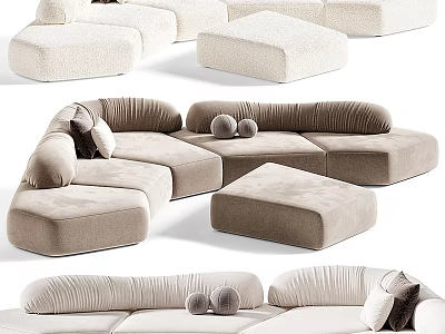 Modern Sectional Sofa With Modular Design Soft Cushions And Beige Velvet Upholstery 3d model