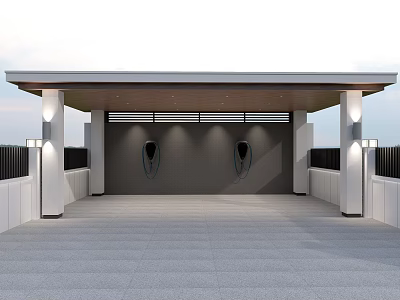 Covered Outdoor Porch With White Columns Gray Flooring And Dark Wall Lighting Fixtures 3d model