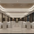 Modern Elegant Banquet Hall Interior With Tiered Ceiling Marble Floor And Neatly Arranged Banquet Furniture