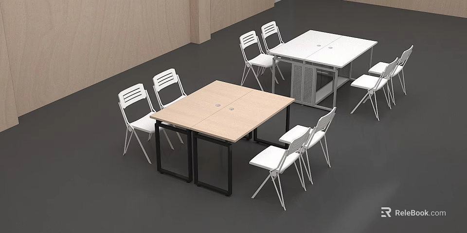 Modern Dining Table Set With Light Wooden Top Black Legs And White Metal Frame Chairs 3d model 