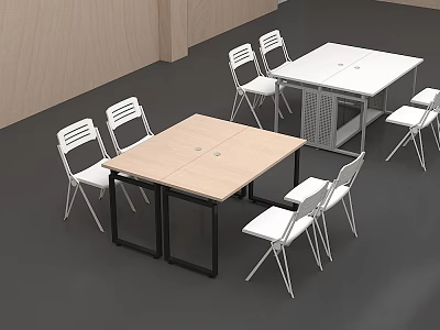 Modern Dining Table Set With Light Wooden Top Black Legs And White Metal Frame Chairs 3d model