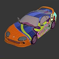 Colorful Sports Car with Vibrant Blue Orange Graffiti Art and Aerodynamic Rear Spoiler