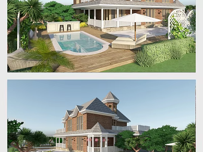 Luxury Single Family Villa With Swimming Pool Wooden Deck And Lush Greenery Palm Trees 3d model