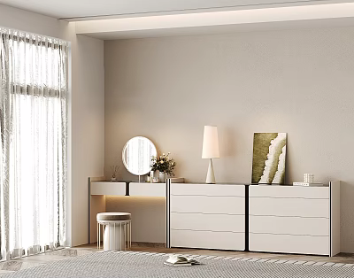 Modern White Vanity with Drawers Mirror Table Lamp Artwork Stool and Minimalist Interior 3d model