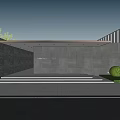 Modern Garden Landscape With Blue Paved Ground Green Tree Gray Stone Wall And Modern Building