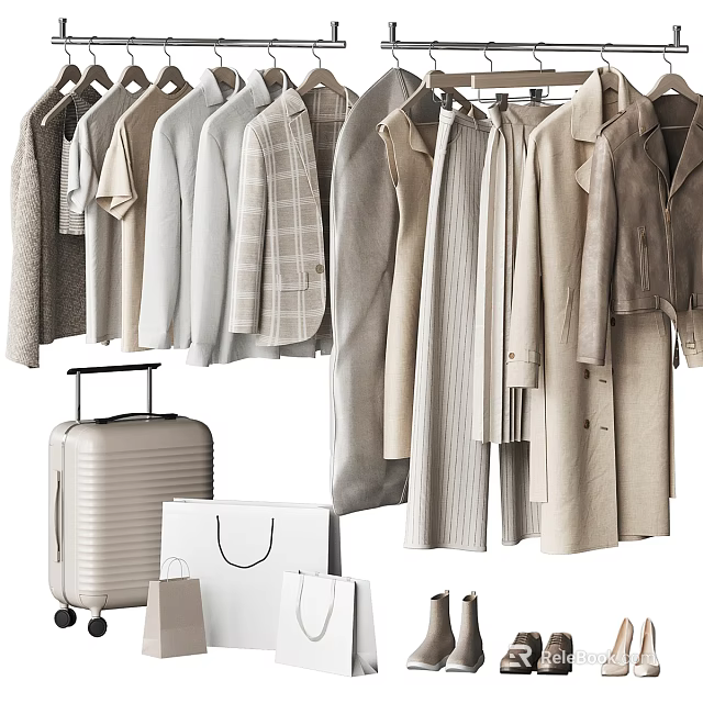 Stylish Neutral Toned Clothes Hanging With Suitcase Shopping Bags And Shoes 3d model 