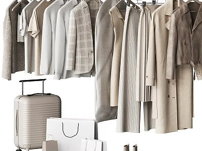Stylish Neutral Toned Clothes Hanging With Suitcase Shopping Bags And Shoes 3d model