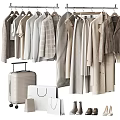 Stylish Neutral Toned Clothes Hanging With Suitcase Shopping Bags And Shoes