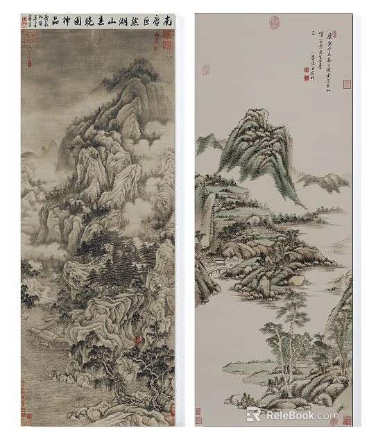 Traditional Chinese Landscape Painting With Misty Mountains Trees And River Scenery 3d model 
