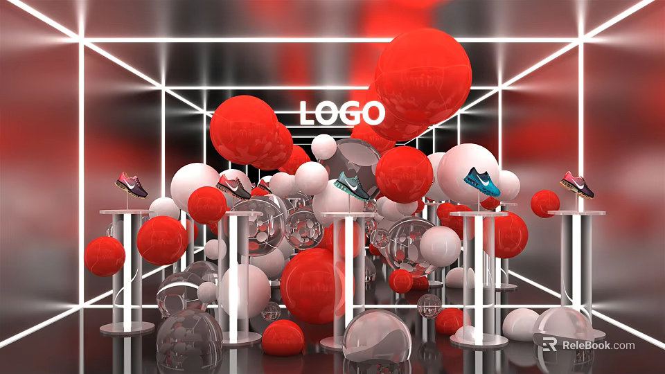 Modern Exhibition Display With Red White Spheres Transparent Stands And Central LOGO 3d model 