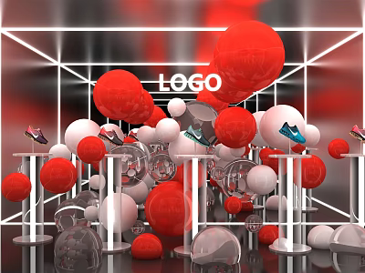 Modern Exhibition Display With Red White Spheres Transparent Stands And Central LOGO 3d model