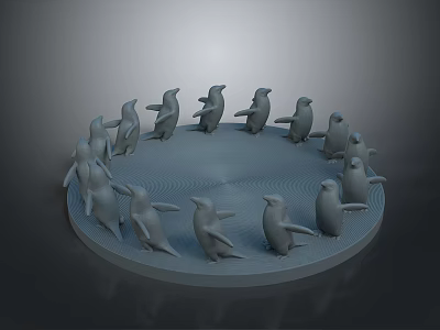 Penguin Figurines Arranged on Circular Platform Decorative Display Scene Setup 3d model