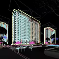 Modern High Rise Residential Building With Landscaped Garden Water Pool And Evening Sky