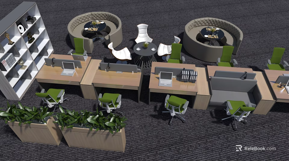 Ergonomic Office Chairs In Modern Workspace With Desks And Green Plants 3d model 