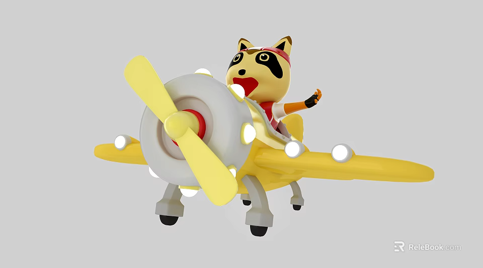 Raccoon Stuffed Toy Riding Yellow Toy Airplane With Propeller Wearing Hat Waving Hand 3d model 