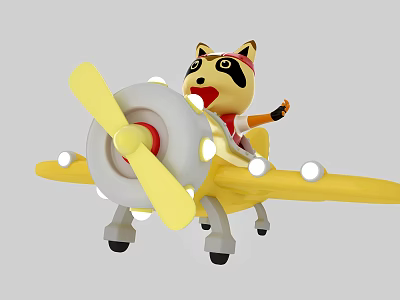 Raccoon Stuffed Toy Riding Yellow Toy Airplane With Propeller Wearing Hat Waving Hand 3d model
