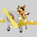 Raccoon Stuffed Toy Riding Yellow Toy Airplane With Propeller Wearing Hat Waving Hand